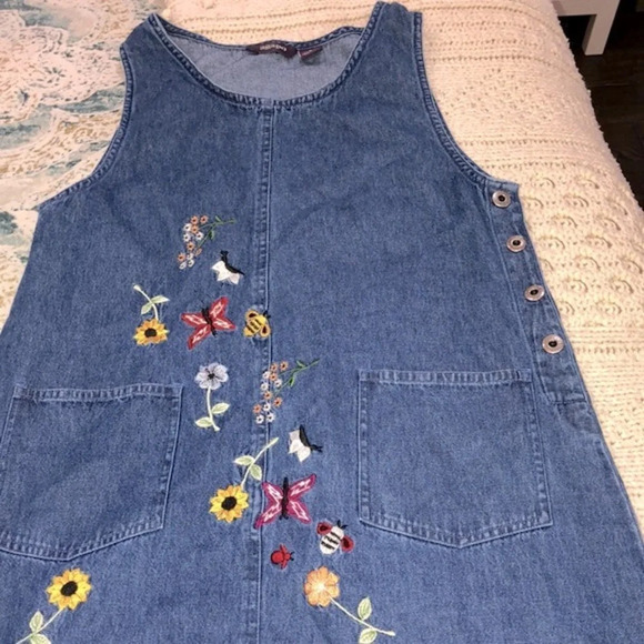 Vintage denim maxi dress floral embroidered size small cotton fabric - Picture 8 of 9